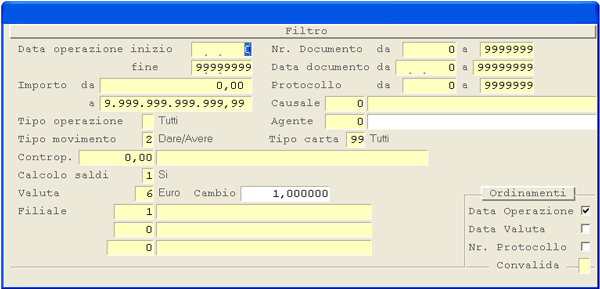 Inquiry Partitari Co.Ge.: window Parametri Filtro