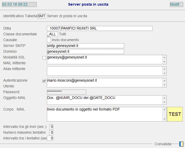 Tabella Server di Posta in Uscita - esempio Classe documentale _ALL