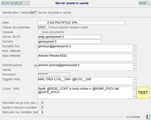 Tabella Server di Posta in Uscita - esempio Classe documentale _ORDI