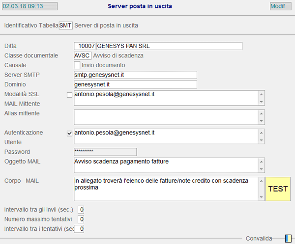 Tabella Server di Posta in Uscita - esempio Classe documentale _AVSC
