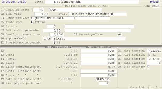 Manutenzione Voci Contabilità Analitica: dati contabili