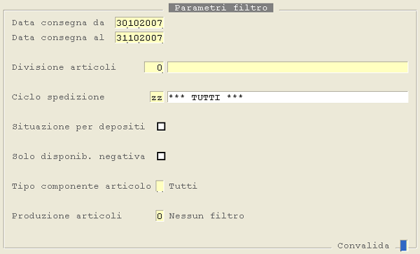 Report Fabbisogno Imminente: Parametri di Filtro