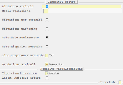 Inquiry Fabbisogno del Periodo: Parametri di Filtro