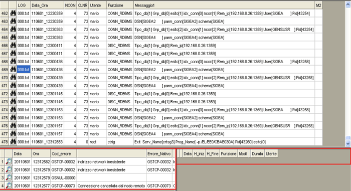 Log Processi: visualizzazione Log Errori - Log Funzioni Utilizzate
