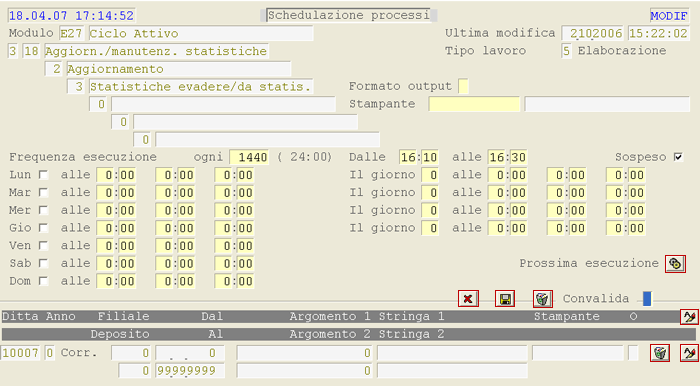 Manutenzione Processi: videata d'impostazione parametri