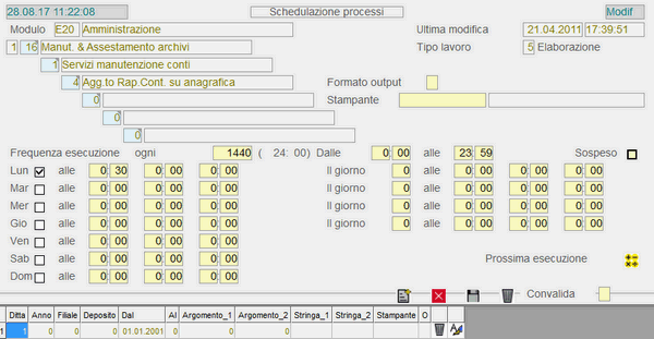 Aggiornamento Rapporto Contabile su Anagrafica: impostazione parametri schedulazione