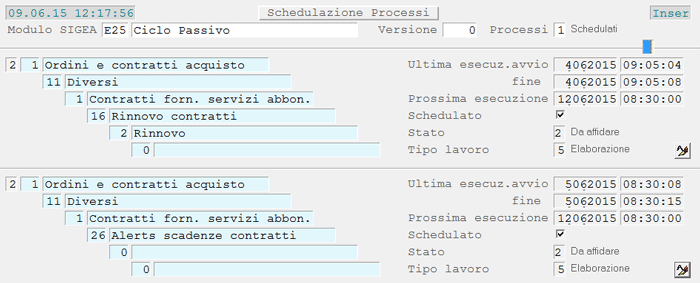 Alerts Scadenze Contratti: videata d'accesso alla funzione schedulata