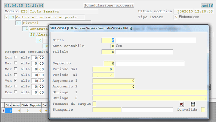 Alerts Scadenze Contratti: impostazione parametri schedulazione