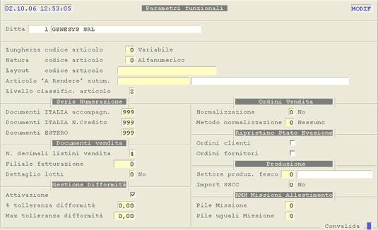 Dati di Servizio: Parametri funzionali