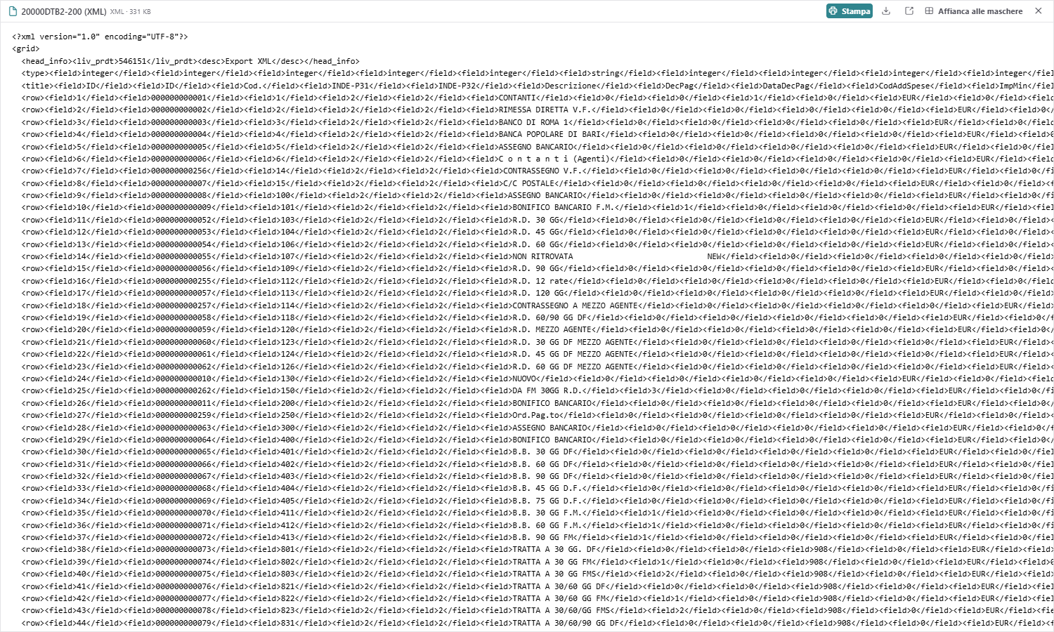 La griglia in XML nel visualizzatore